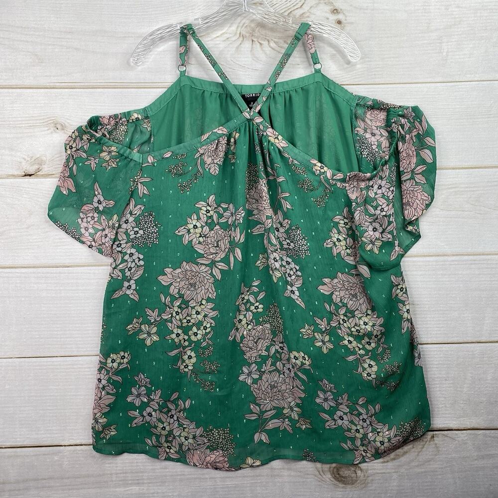 Torrid Blouse Top Women Sz 3X Green Floral Cold Shoulder Strappy Silver Feminine